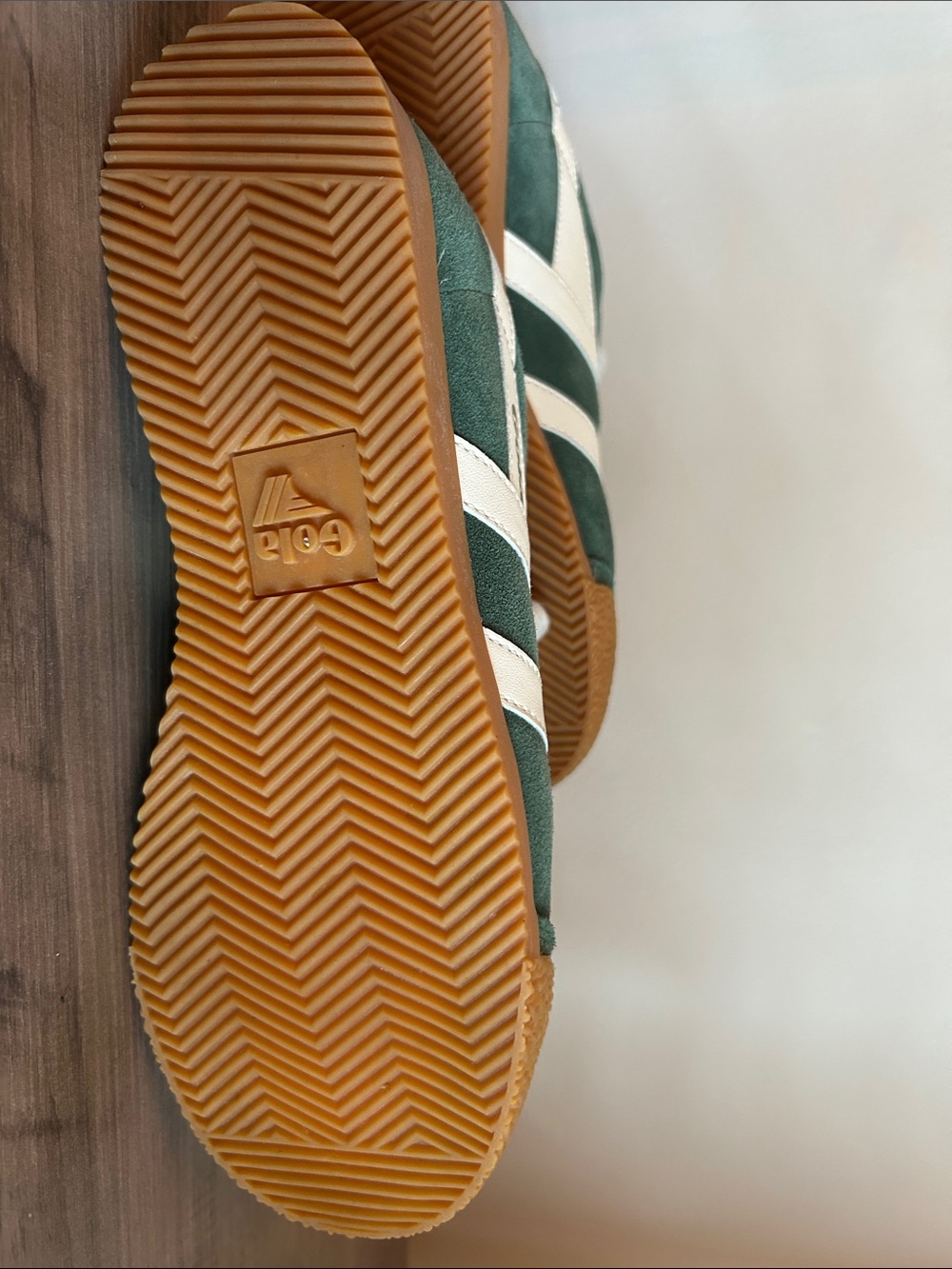 Gola Green Suede Sneaker with White Stripes and Gum Sole - Picture 5 of 5